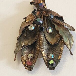 Vintage TRiad Brooch  Metalic Leaf Design Aurora Borealis stones 2 x 1.75 inches